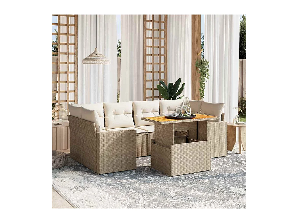 Set sofás de jardín 7 piezas y cojines ratán sintético beige