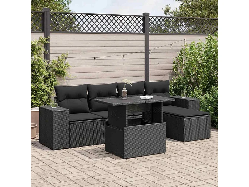 6-tlg. Garten-Sofagarnitur mit Kissen Schwarz Poly Rattan