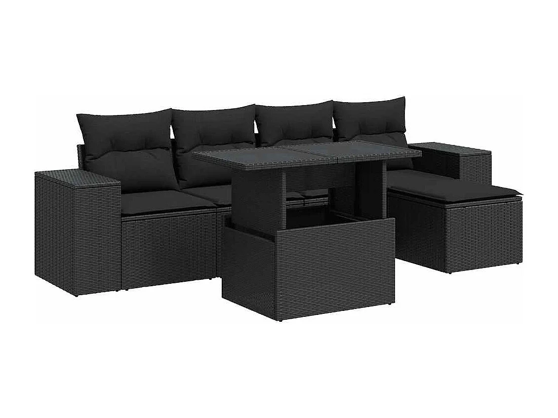 6-tlg. Garten-Sofagarnitur mit Kissen Schwarz Poly Rattan