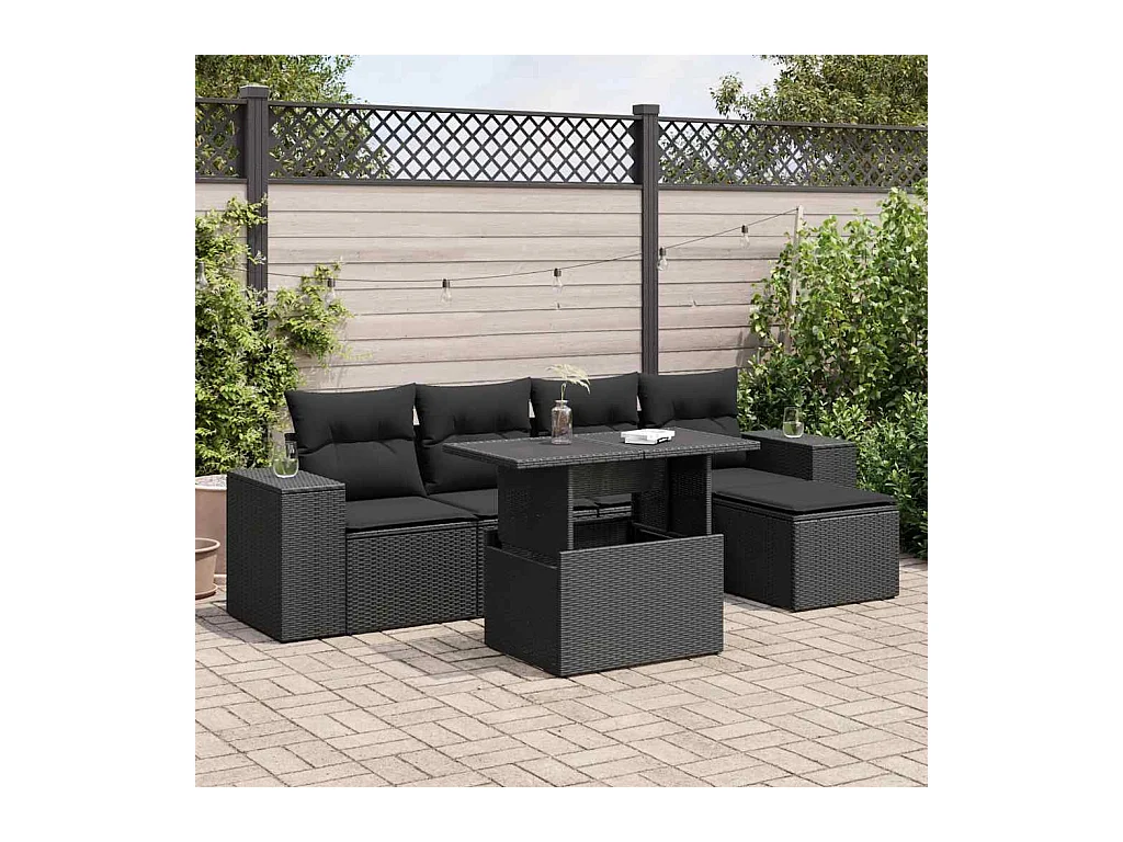 Salon de jardin 6 pcs avec coussins noir résine tressée