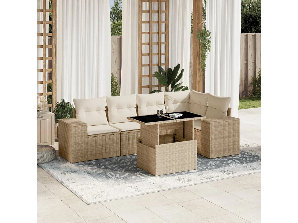 6-tlg. Garten-Sofagarnitur mit Kissen Beige Poly Rattan