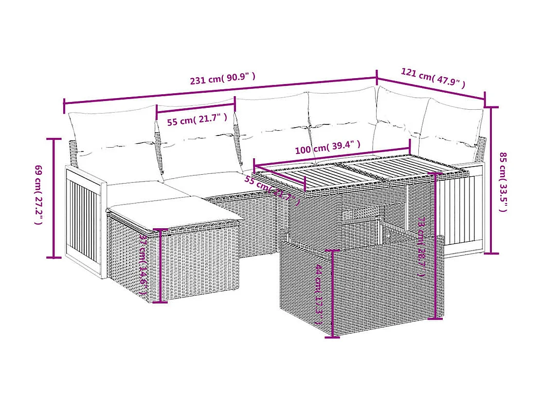 Salon de jardin avec coussins 7 pcs beige résine tressée