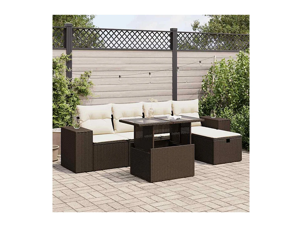 Set Divano da Giardino 6 pz con Cuscini Marrone in Polyrattan