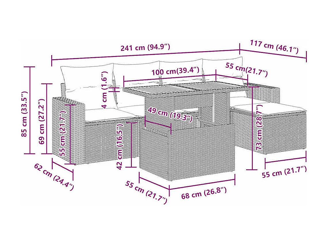 6 pcs conjunto de sofás p/ jardim com almofadões vime PE bege