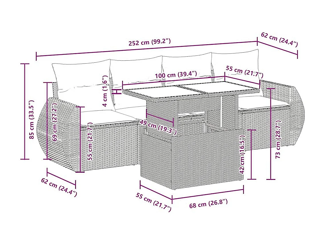 Salon de jardin 5 pcs avec coussins noir résine tressée