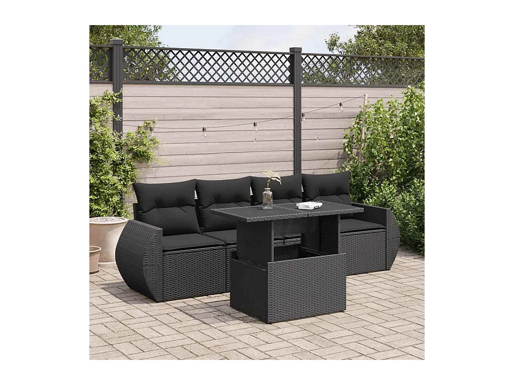 Salon de jardin 5 pcs avec coussins noir résine tressée