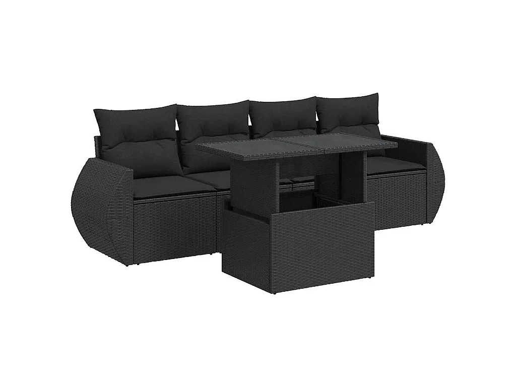 5-delige Loungeset met kussens poly rattan zwart