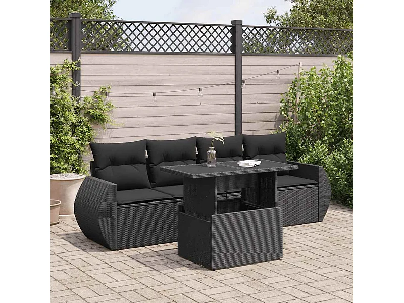 Set Divani da Giardino 5 pz con Cuscini in Polyrattan Nero