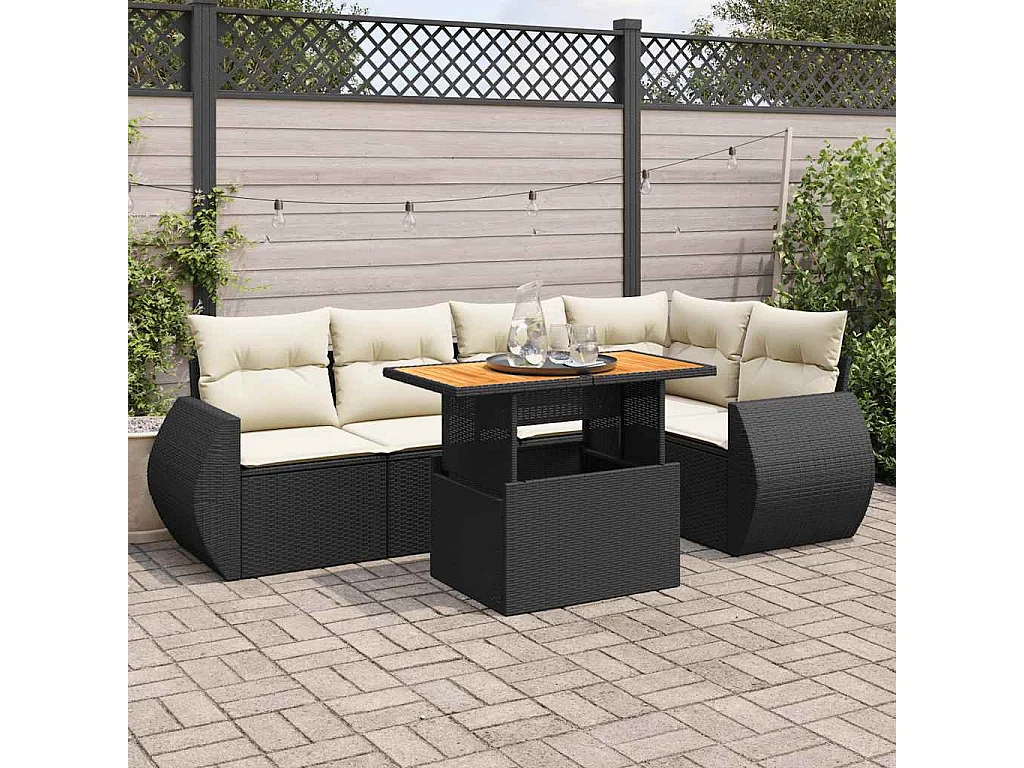 6 pcs conjunto sofás de jardim c/ almofadões vime PE preto