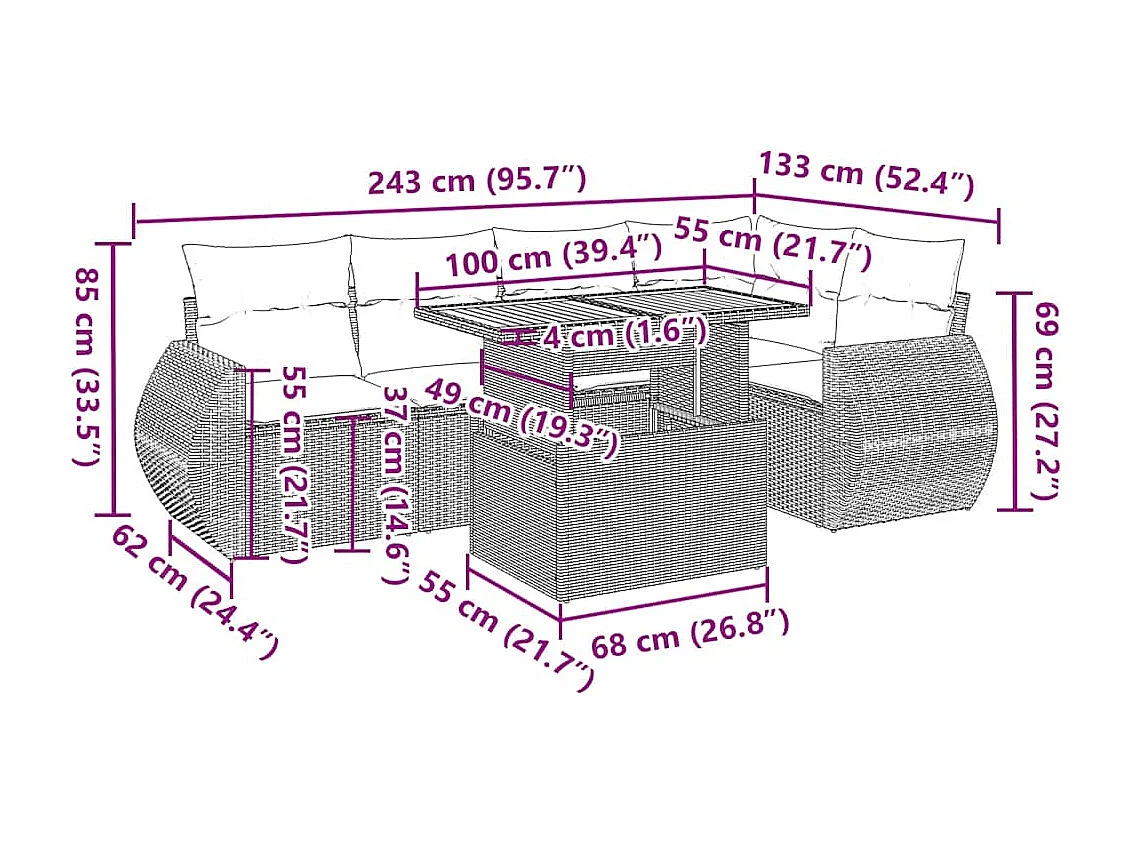 6 pcs conjunto sofás de jardim c/ almofadões vime PE preto
