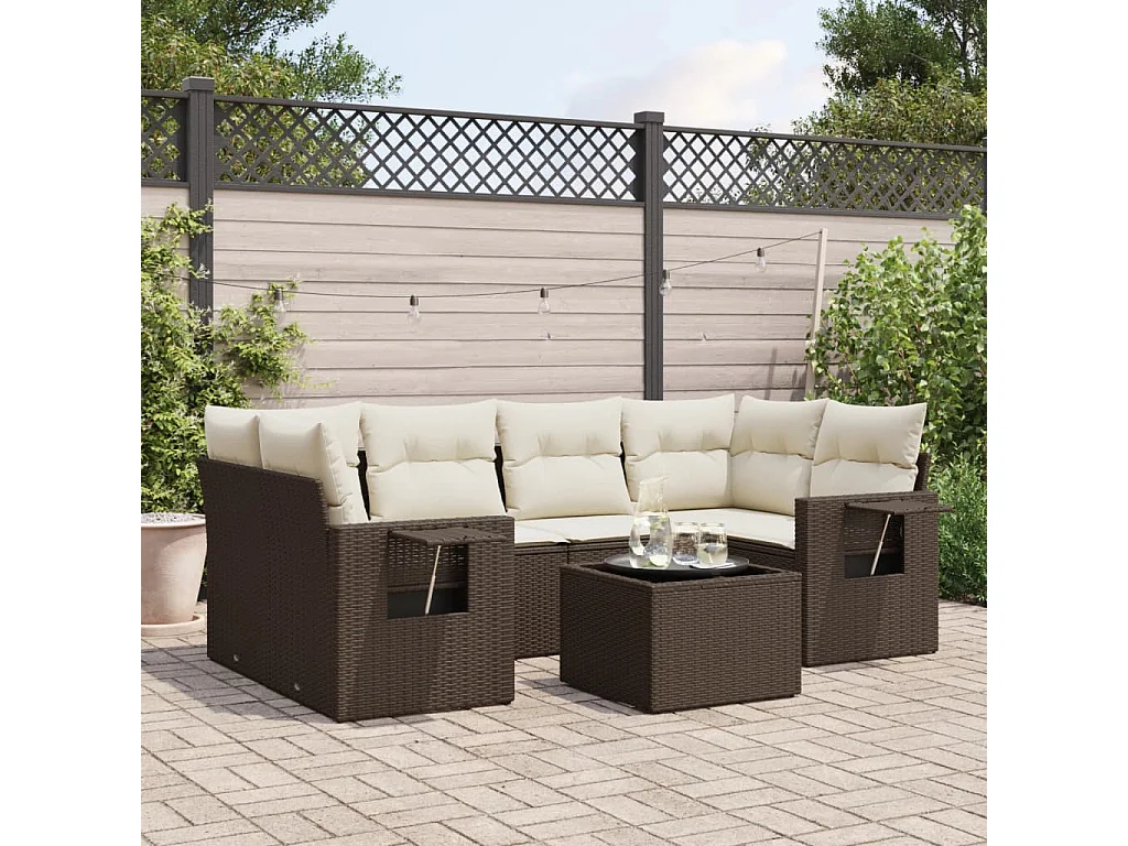 Salon de jardin avec coussins 7 pcs marron résine tressée