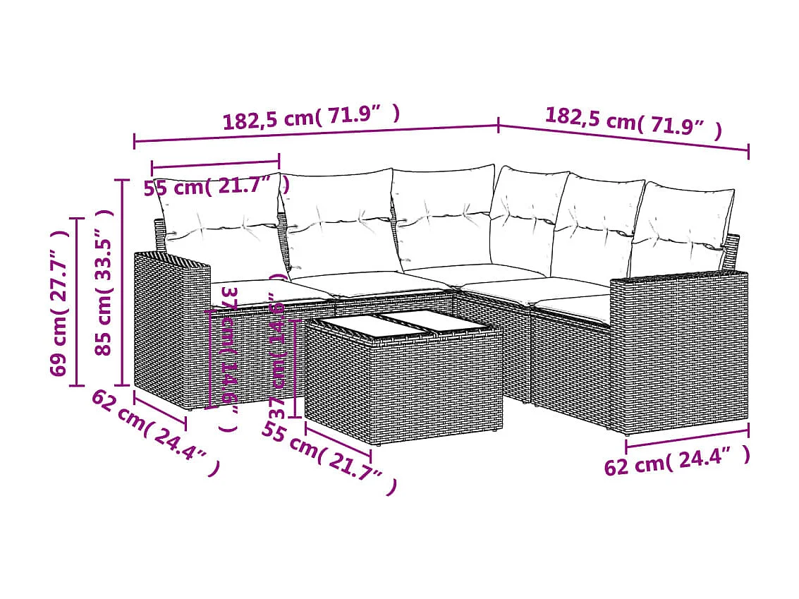 6 pcs conjunto de sofás jardim c/ almofadões vime PE castanho