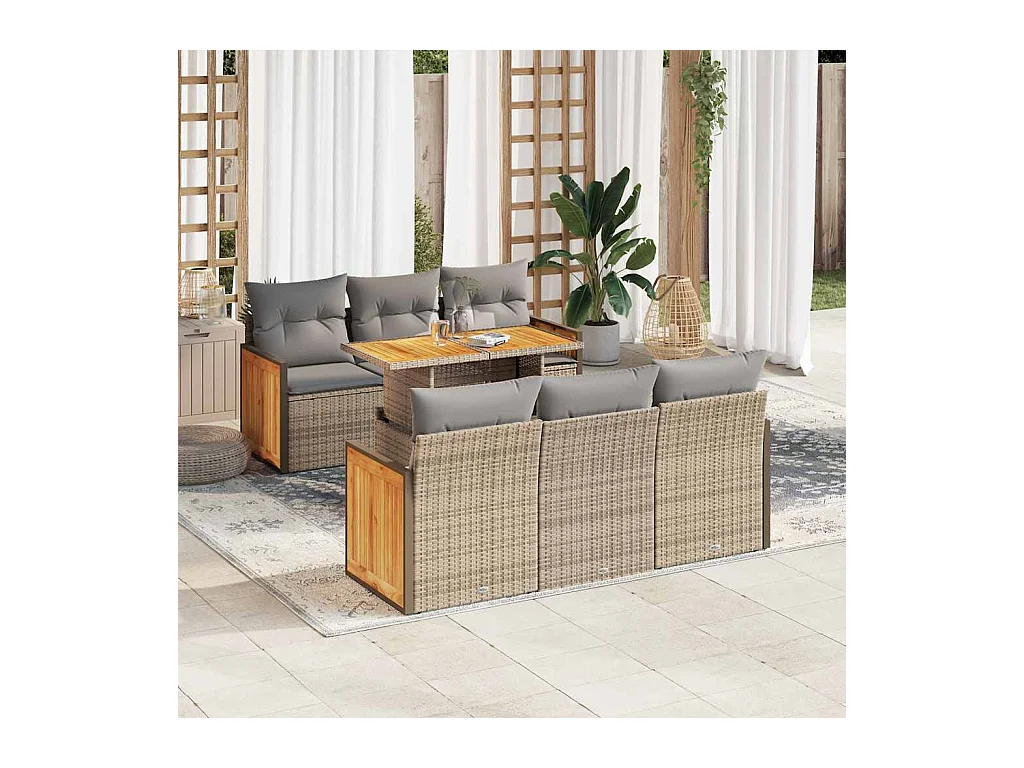 Set sofás jardín y cojines 7 pzas ratán sintético acacia beige