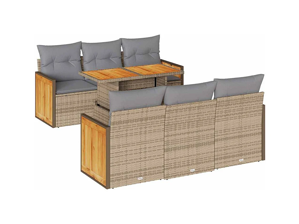 Salon de jardin avec coussins 7 pcs beige résine tressée acacia