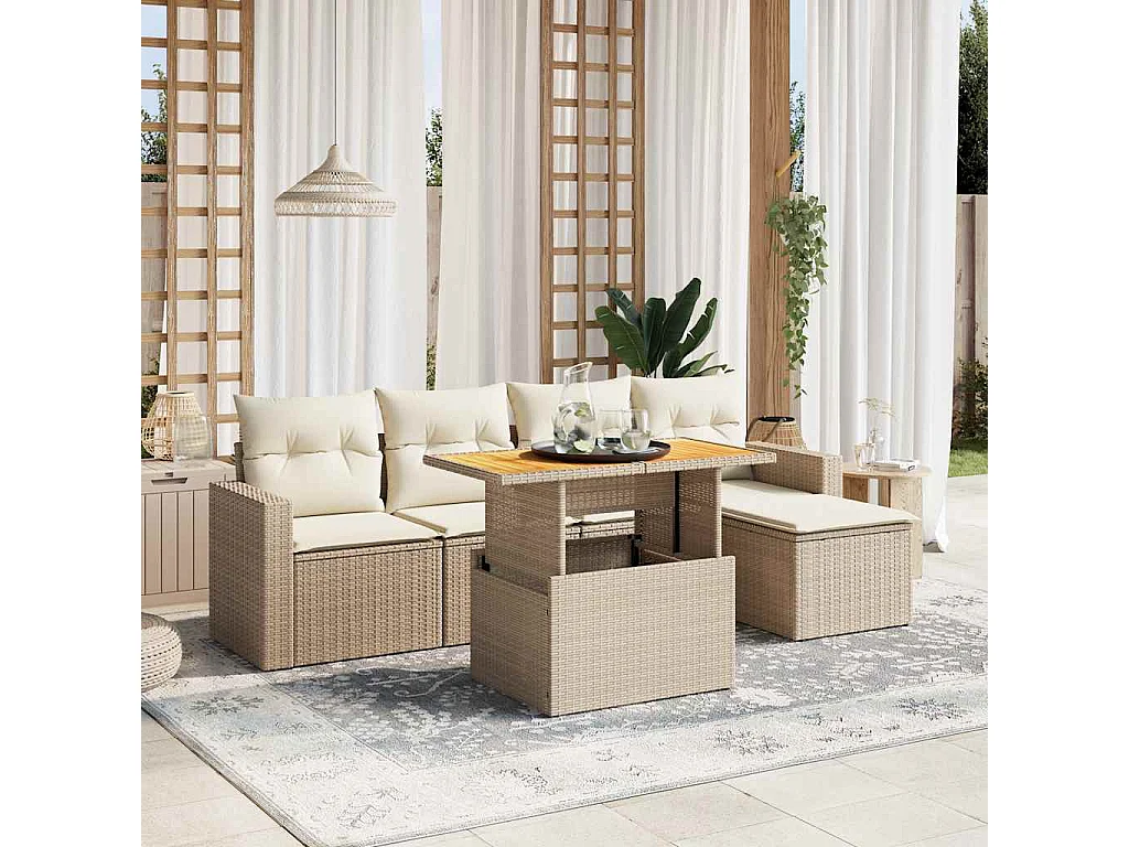 Set Divano da Giardino 6 pz con Cuscini Beige in Polyrattan