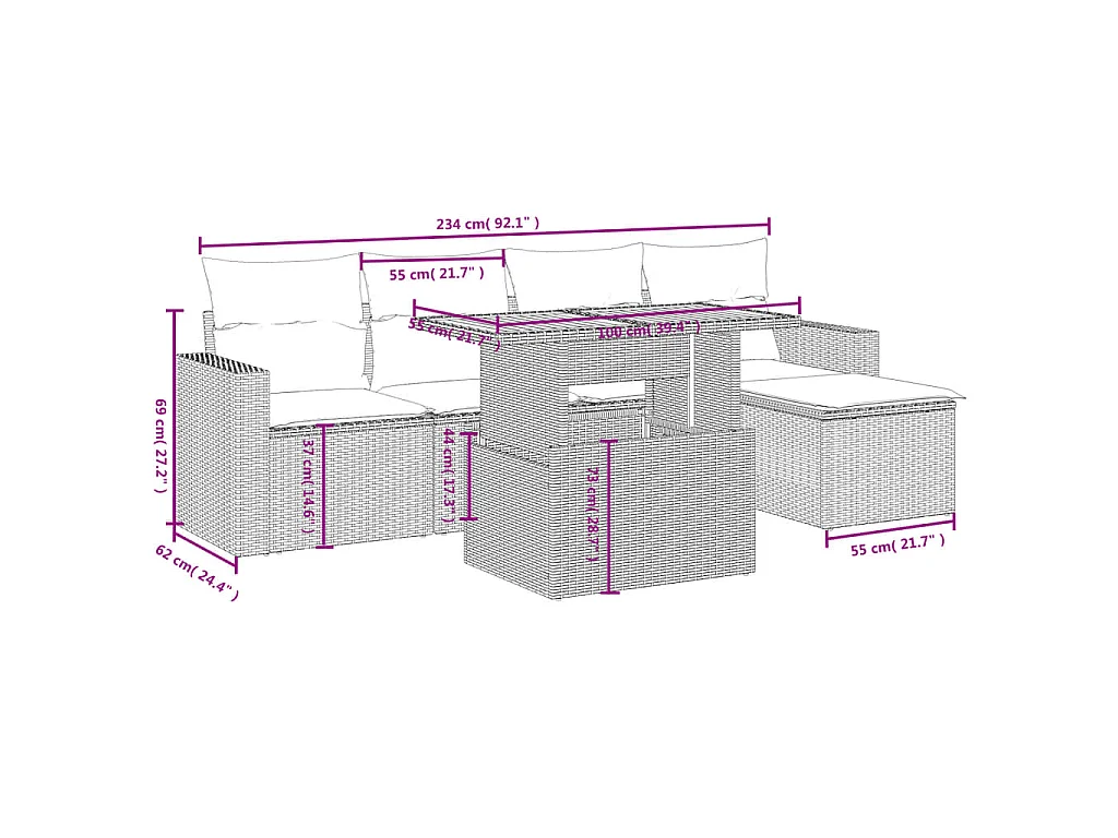 Set Divano da Giardino 6 pz con Cuscini Beige in Polyrattan