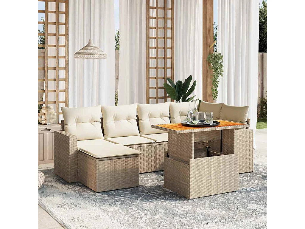 7-delige Loungeset met kussens poly rattan beige