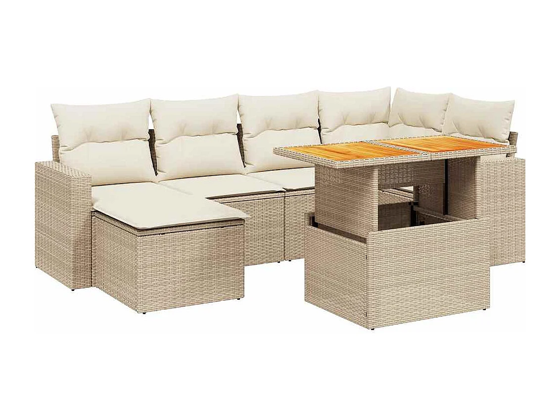 7-delige Loungeset met kussens poly rattan beige