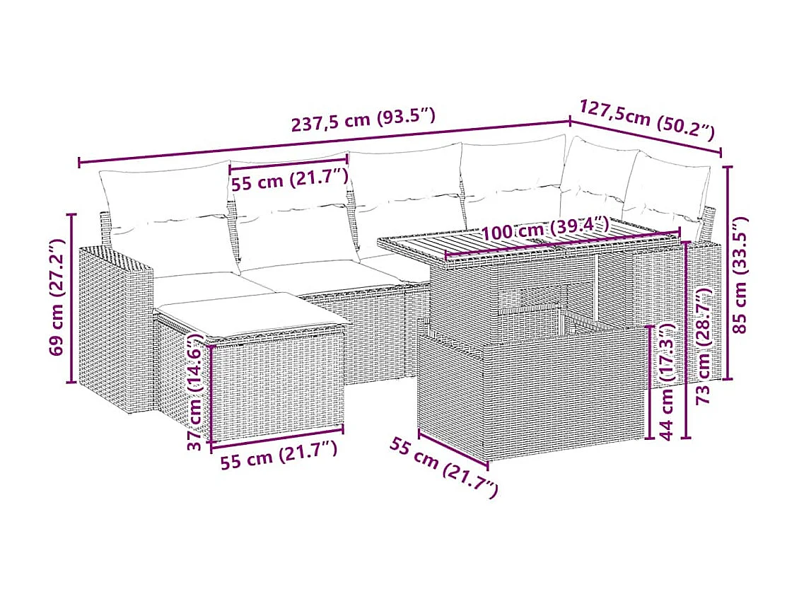7-delige Loungeset met kussens poly rattan beige