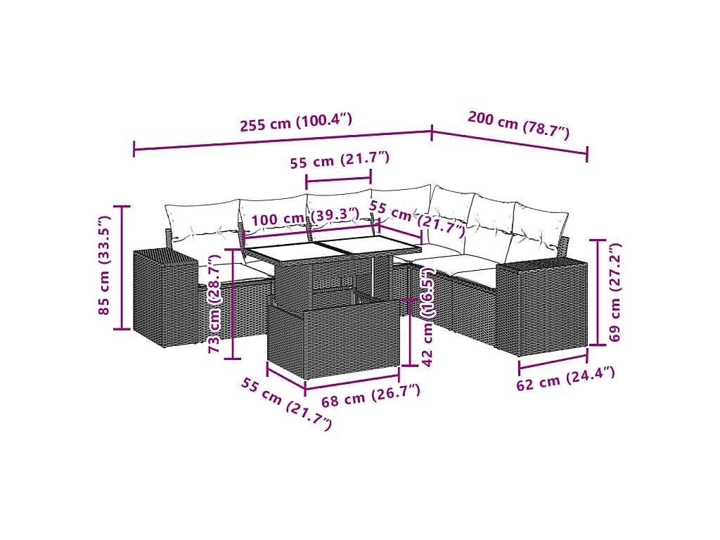 7-delige Loungeset met kussens poly rattan bruin