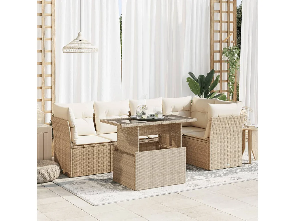 6 pcs conjunto de sofás p/ jardim com almofadões vime PE bege