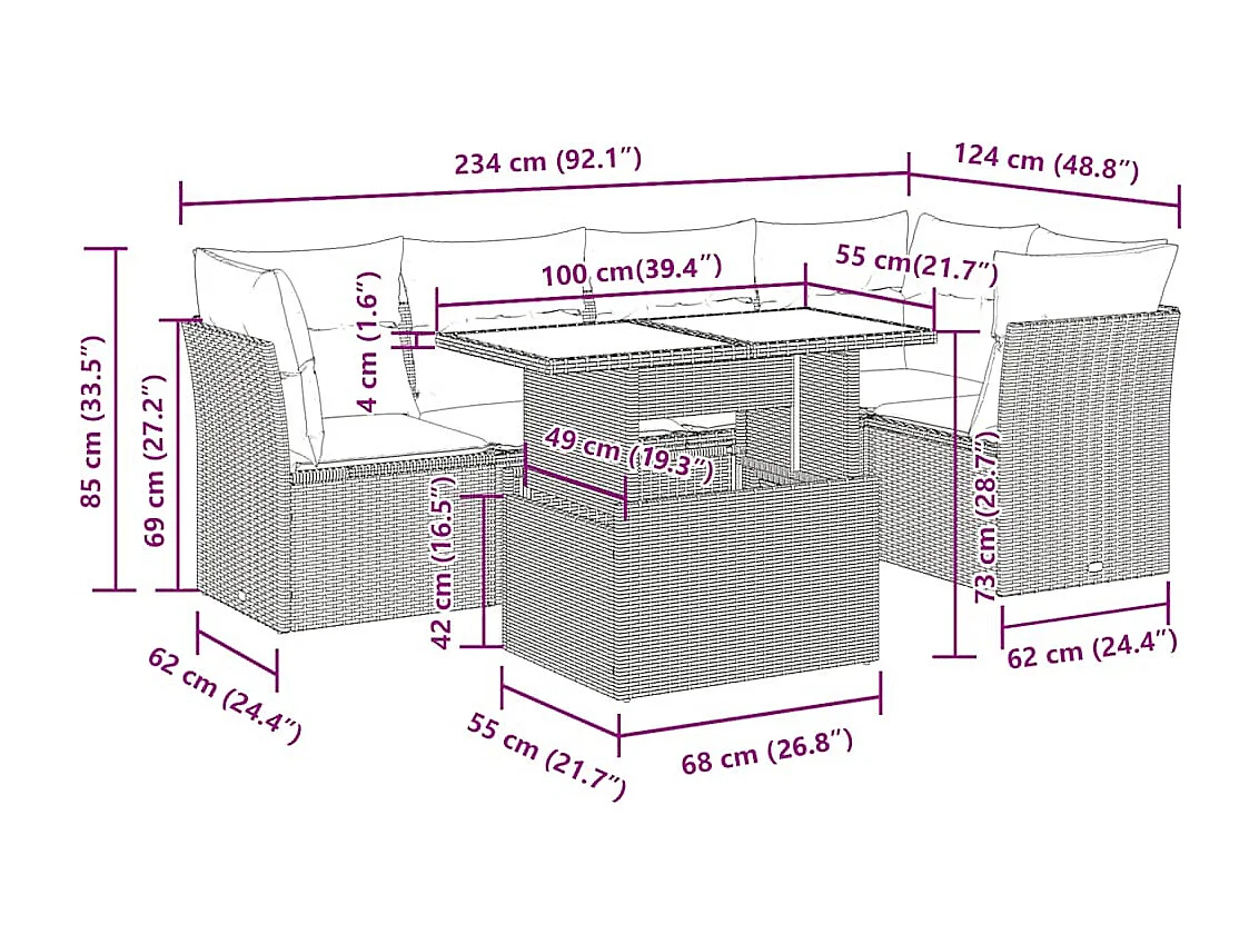 6 pcs conjunto de sofás p/ jardim com almofadões vime PE bege