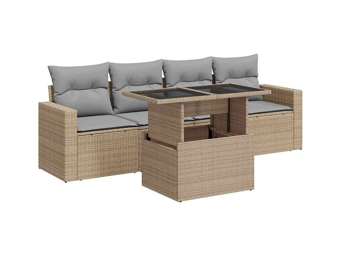 5-tlg. Garten-Sofagarnitur mit Kissen Beige Poly Rattan
