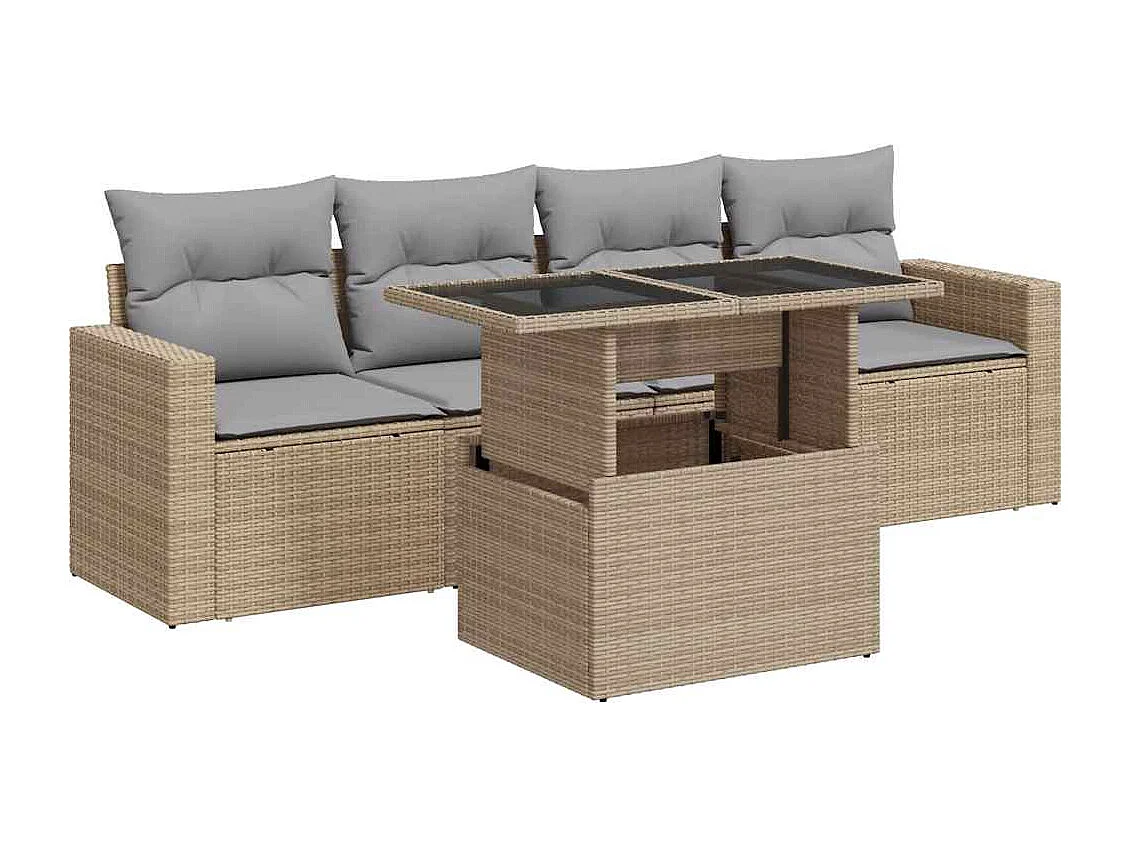 5 pcs conjunto de sofás p/ jardim com almofadões vime PE bege