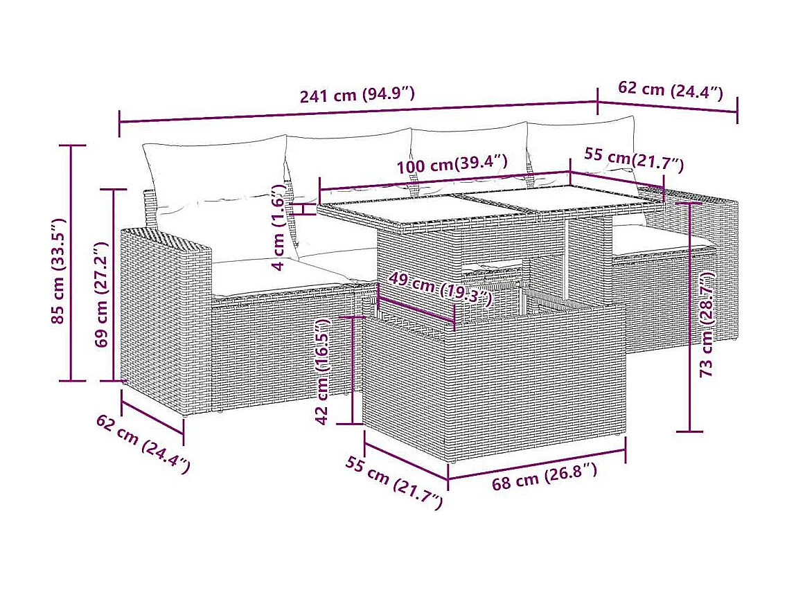 5 pcs conjunto de sofás p/ jardim com almofadões vime PE bege