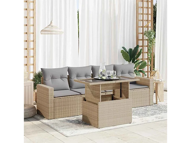 5-tlg. Garten-Sofagarnitur mit Kissen Beige Poly Rattan