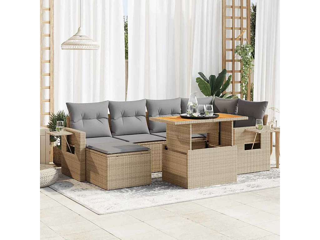 7-tlg. Garten-Sofagarnitur mit Kissen Beige Poly Rattan