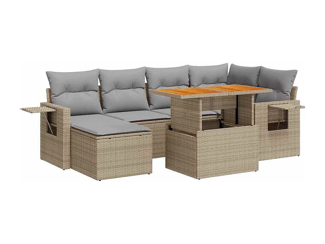 7-tlg. Garten-Sofagarnitur mit Kissen Beige Poly Rattan