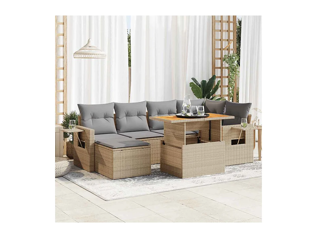 Salon de jardin avec coussins 7 pcs beige résine tressée