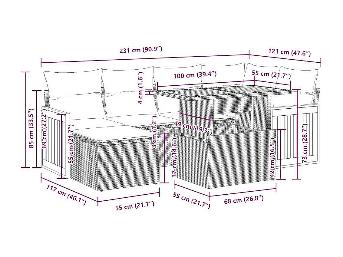 7-delige Loungeset met kussens poly rattan acacia grijs