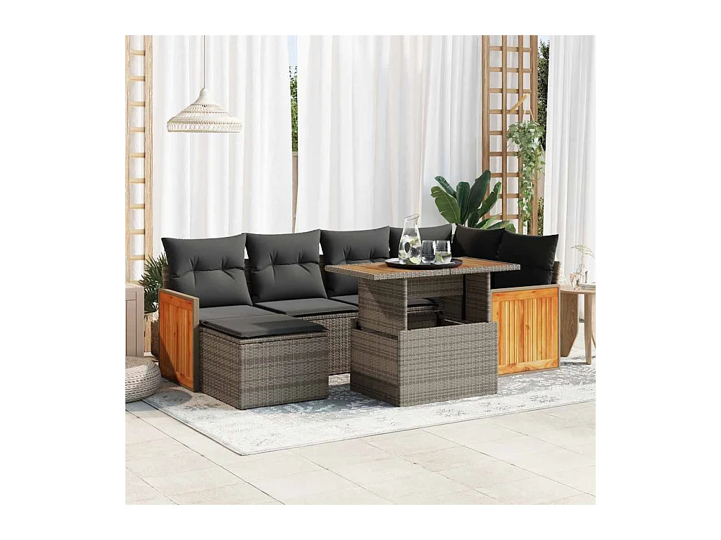 Salon de jardin avec coussins 7 pcs gris résine tressée acacia