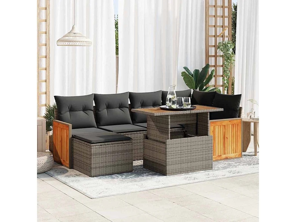 Salon de jardin avec coussins 7 pcs gris résine tressée acacia