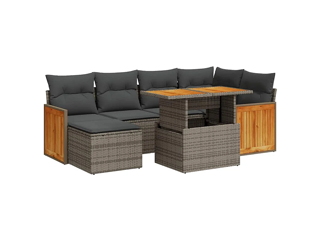 Set Divani da Giardino 7pz con Cuscini Grigio Polyrattan Acacia