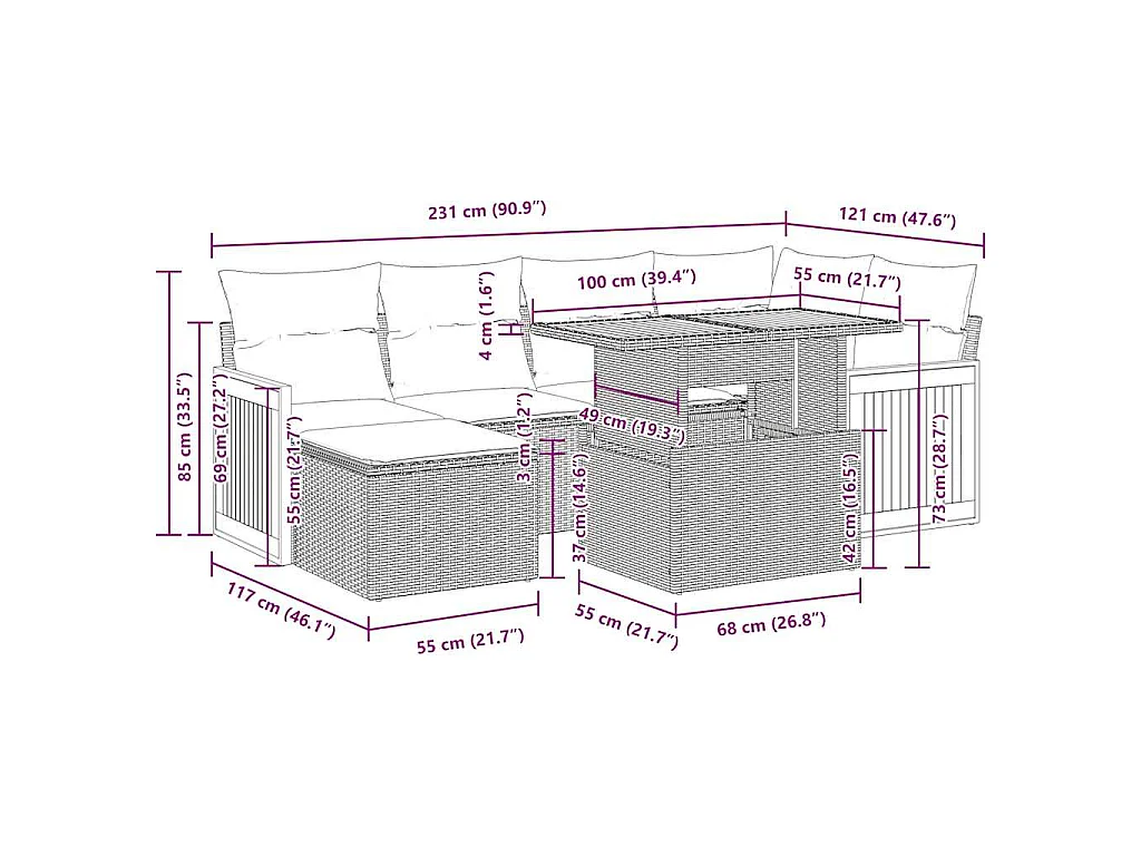 Set Divani da Giardino 7pz con Cuscini Grigio Polyrattan Acacia