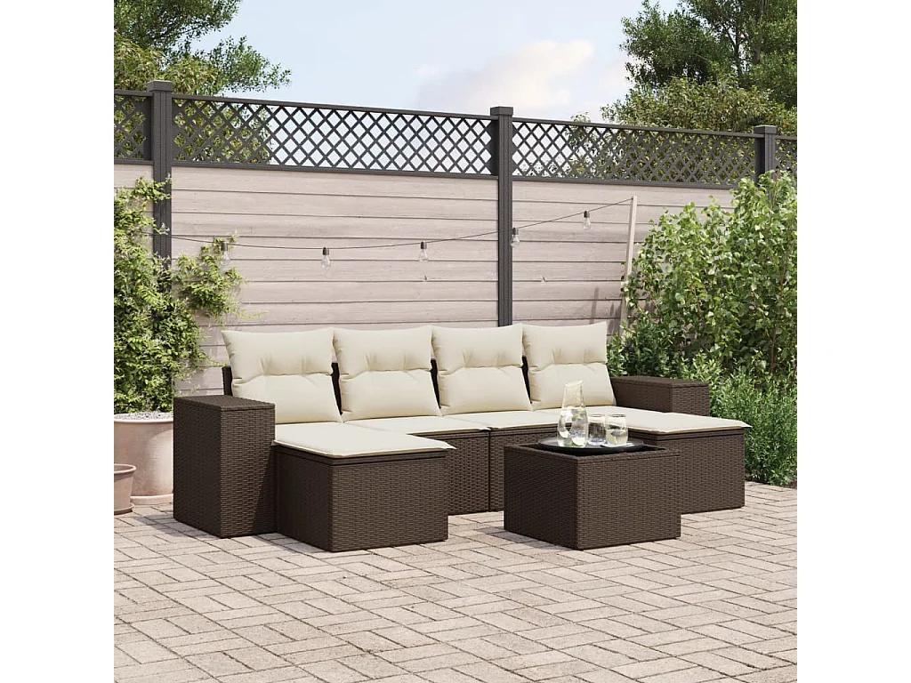 Salon de jardin avec coussins 7 pcs marron résine tressée