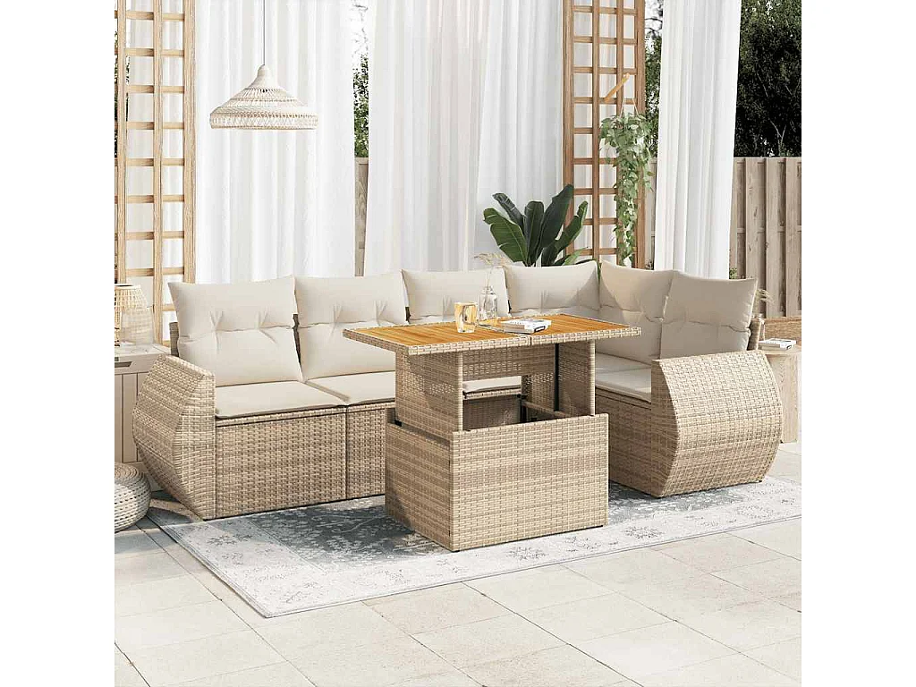 6-tlg. Garten-Sofagarnitur mit Kissen Beige Poly Rattan