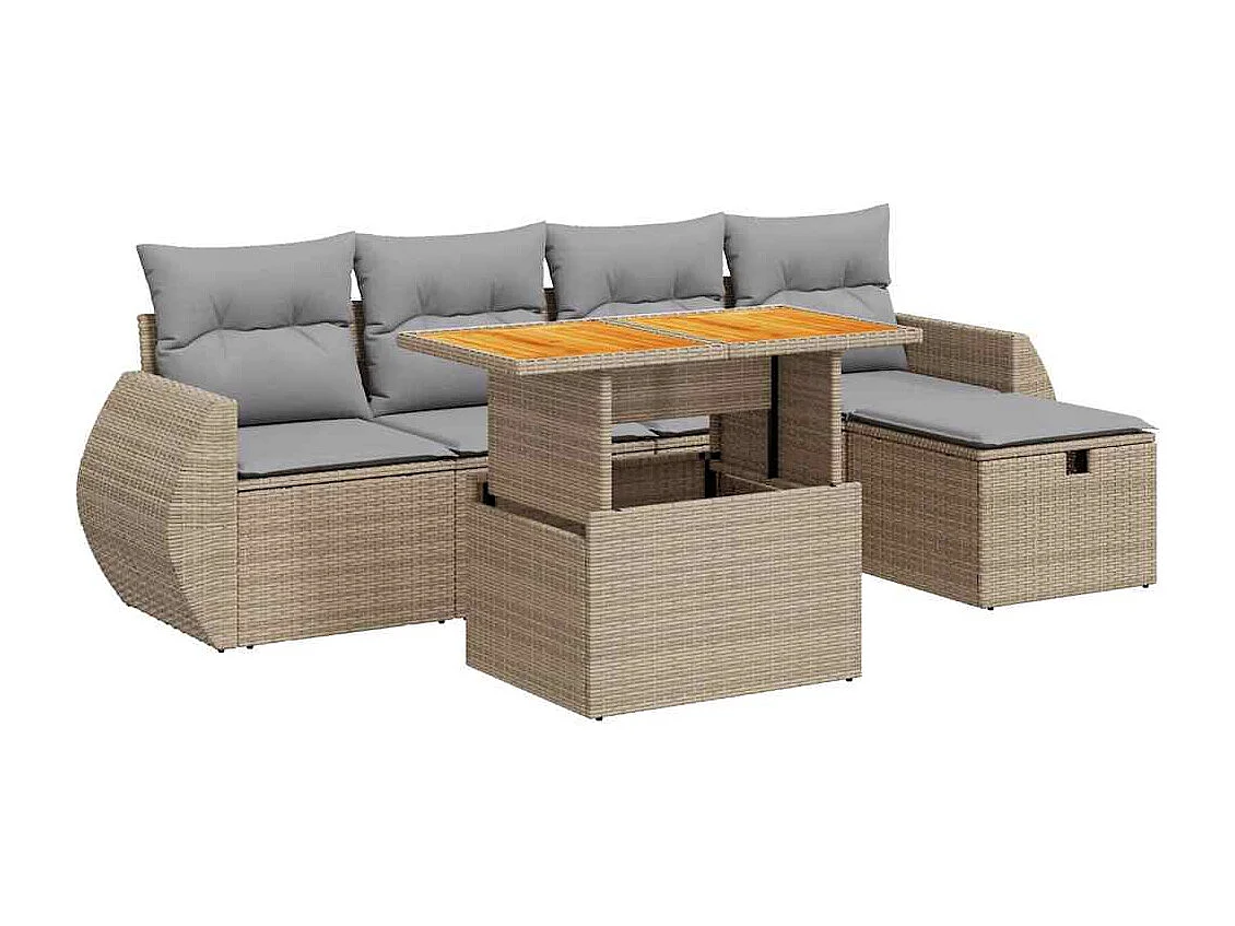 Salon de jardin 6 pcs avec coussins beige résine tressée acacia