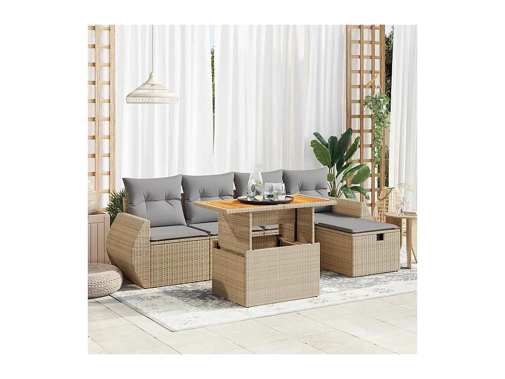 Salon de jardin 6 pcs avec coussins beige résine tressée acacia