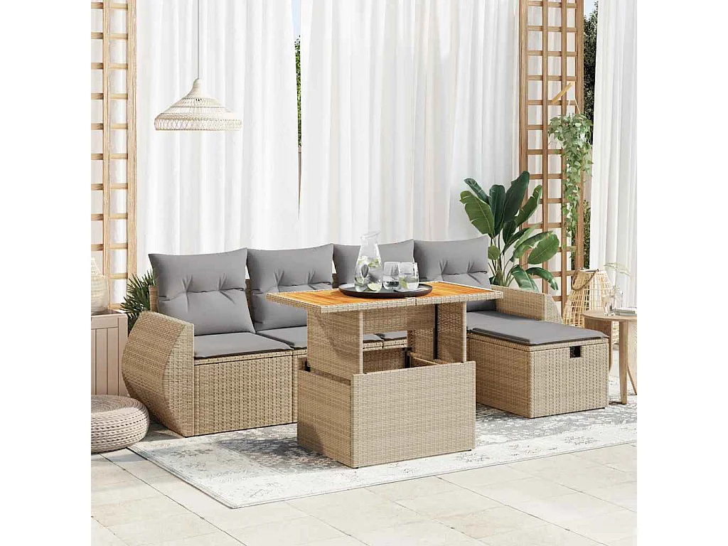 6-tlg. Garten-Sofagarnitur mit Kissen Beige Poly Rattan Akazie