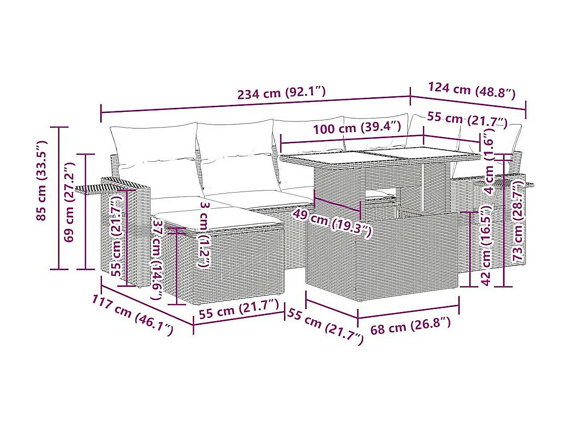 Set Divani da Giardino 7 pz con Cuscini Beige in Polyrattan