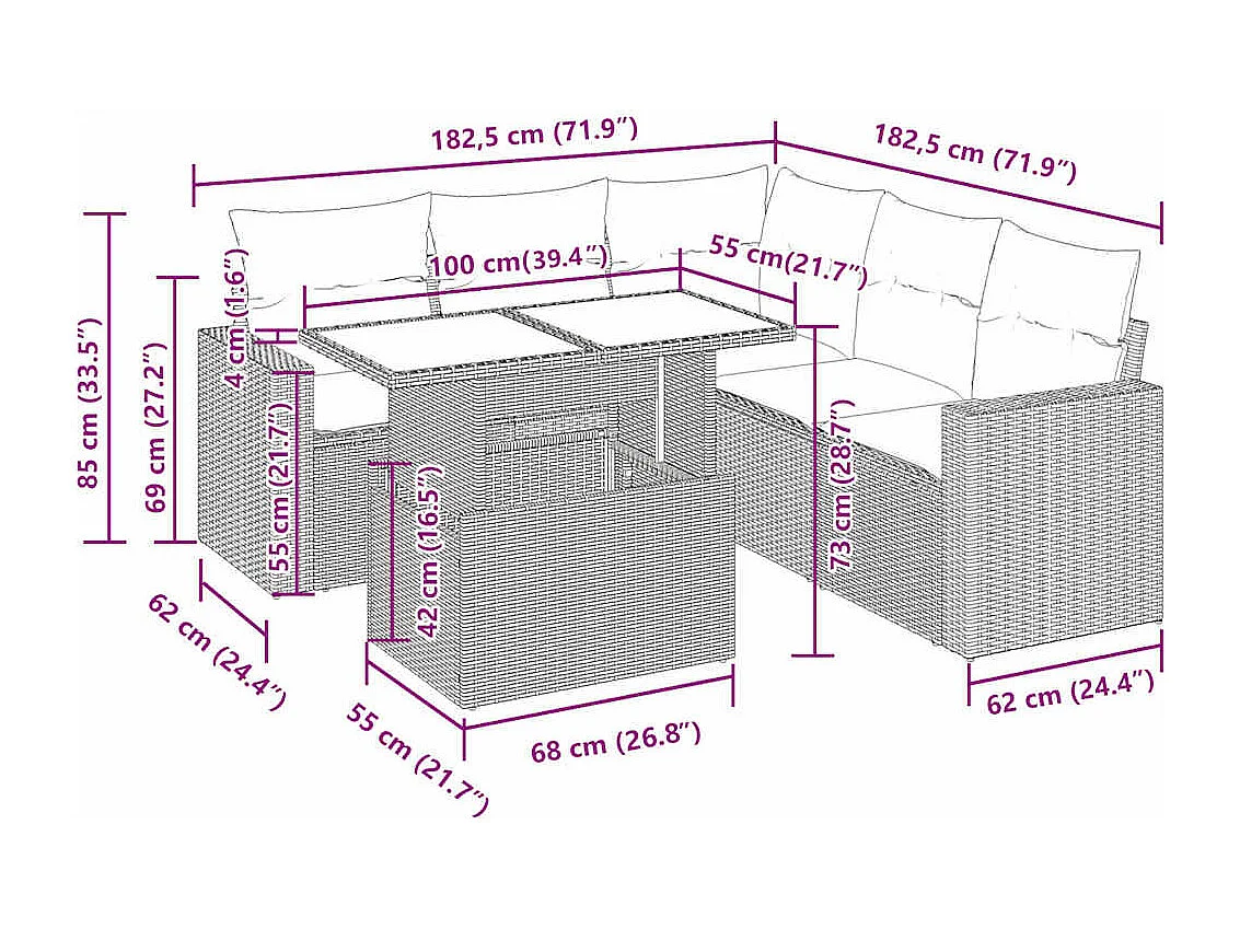 Salon de jardin 6 pcs avec coussins gris résine tressée