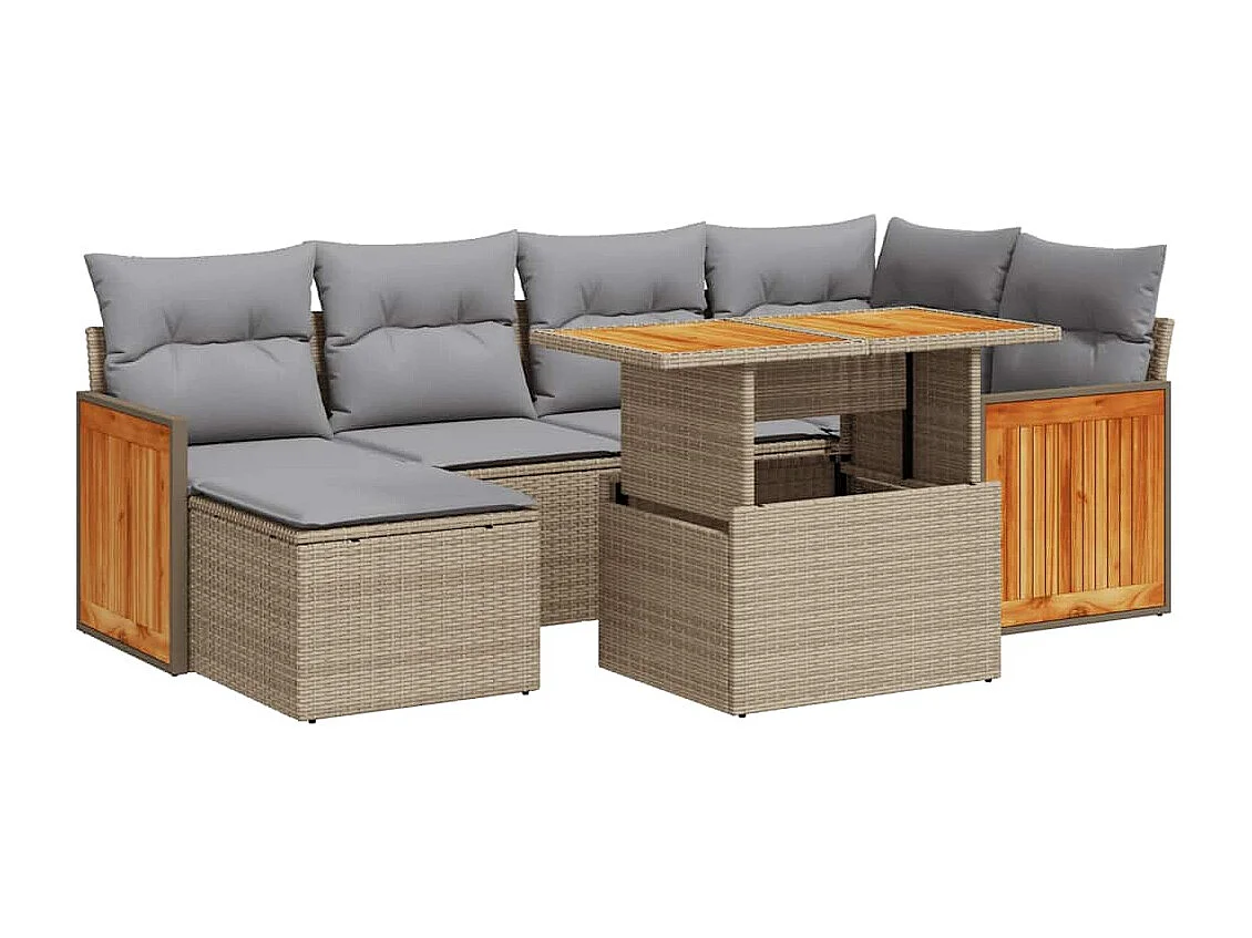7-tlg. Garten-Sofagarnitur mit Kissen Beige Poly Rattan Akazie