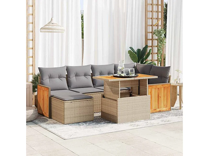 Set Divani da Giardino 7 pz con Cuscini Beige Polyrattan Acacia