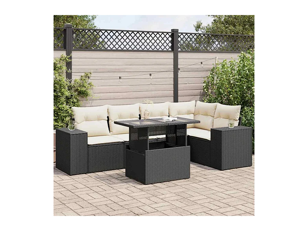 Salon de jardin 6 pcs avec coussins noir résine tressée