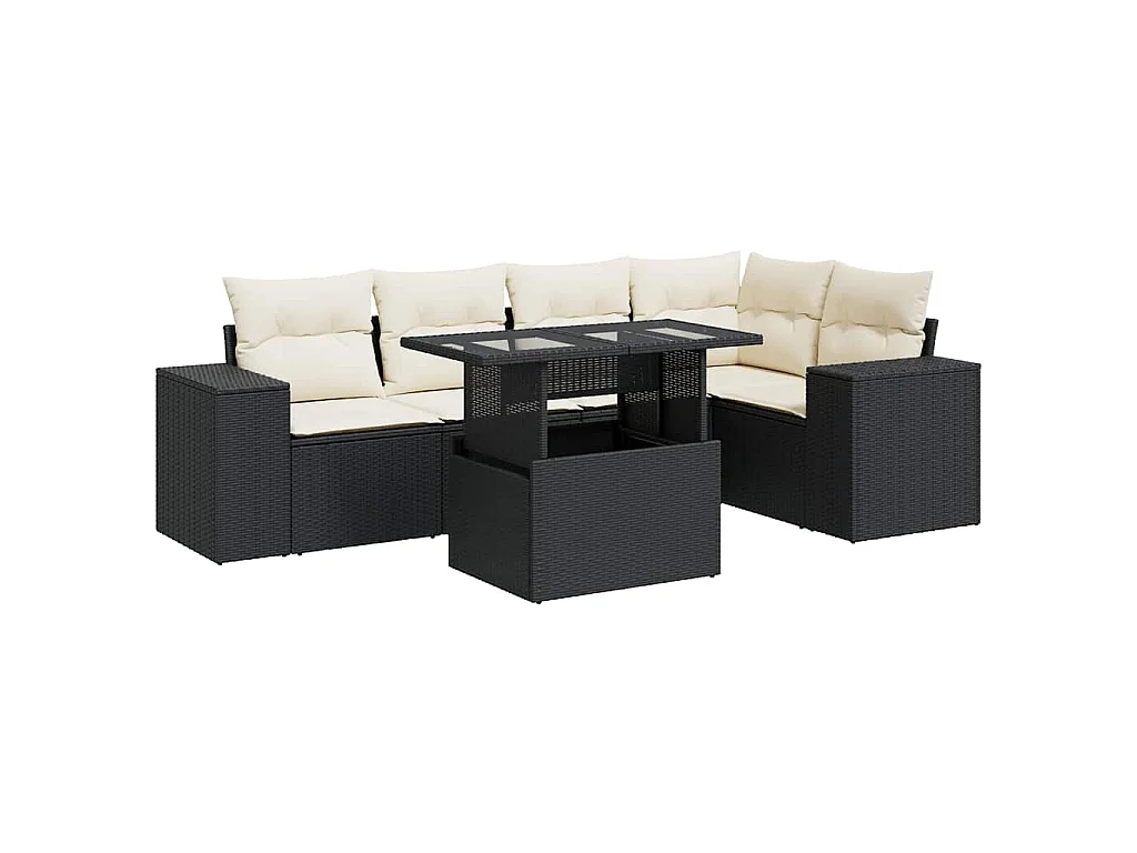 Set de sofás de jardín 6 piezas y cojines ratán sintético negro