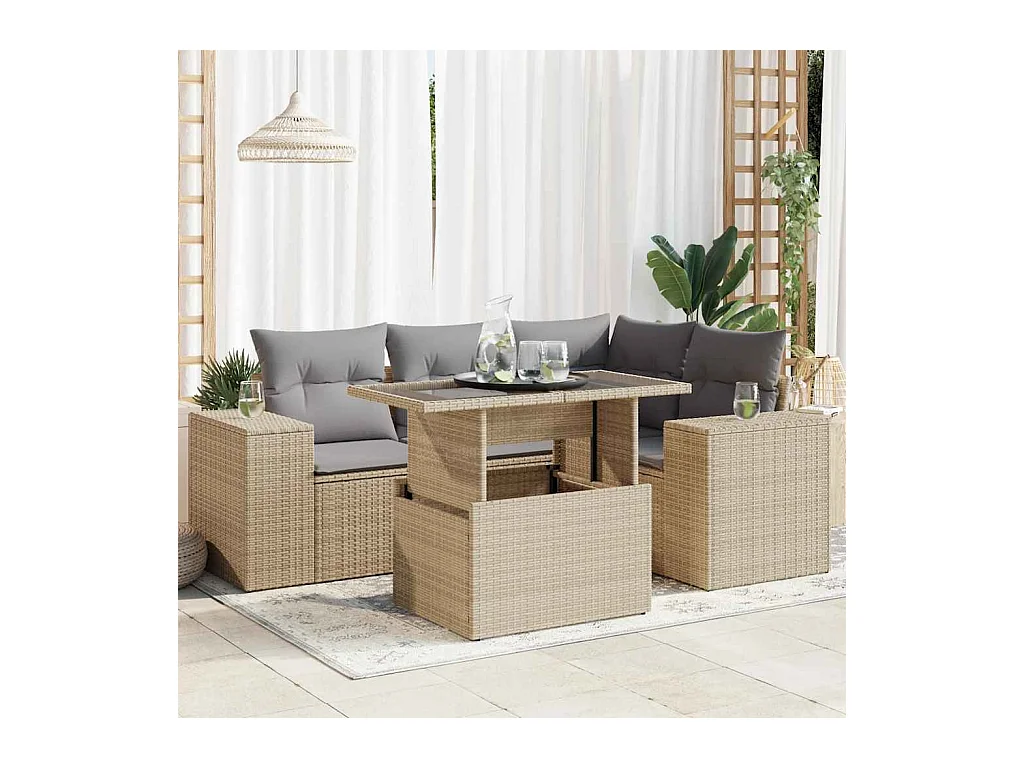 5 pcs conjunto de sofás p/ jardim com almofadões vime PE bege